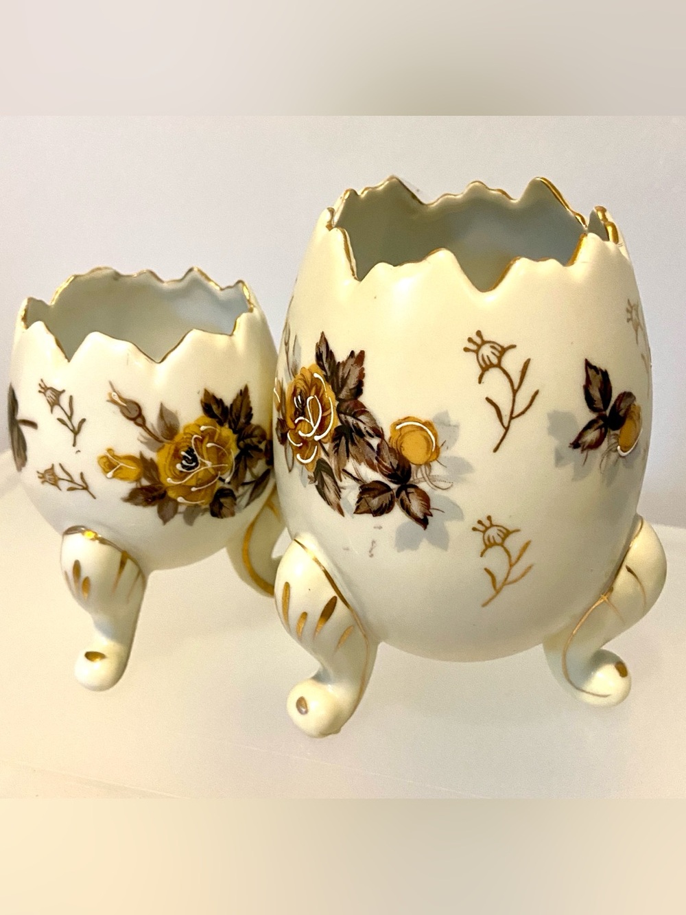 Pair of Vintage Napcoware Cracked Egg Vases with Brown and Gold Flowers
